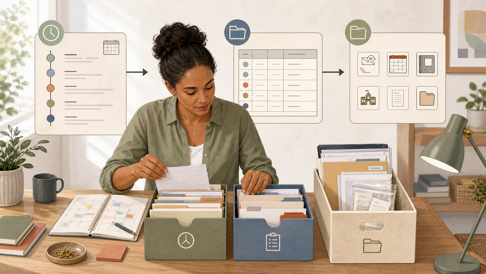 Parent arranging a chronology, evidence index and source documents into an organised custody evidence system