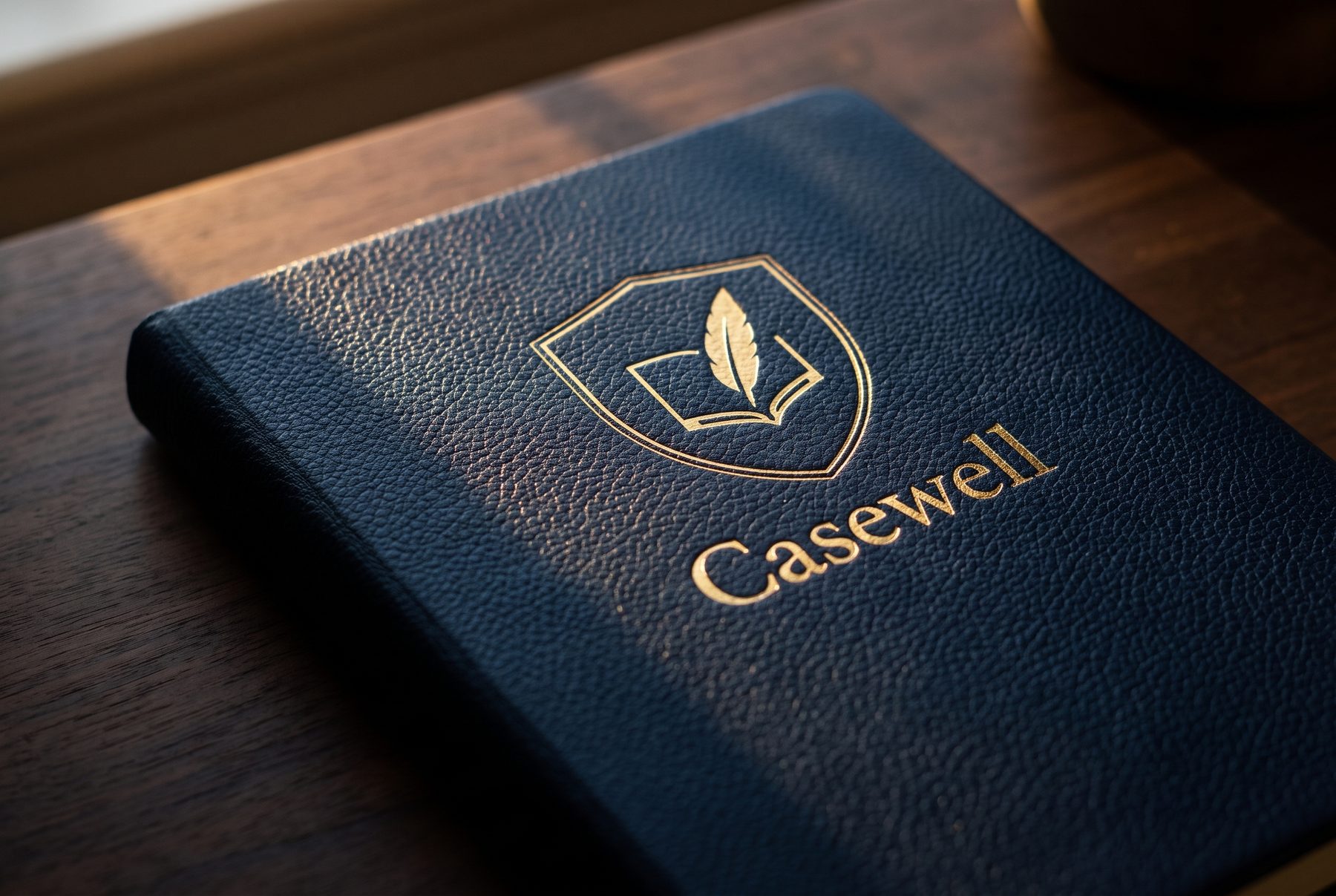 En marineblå Casewell-dagbog i læder på et skrivebord