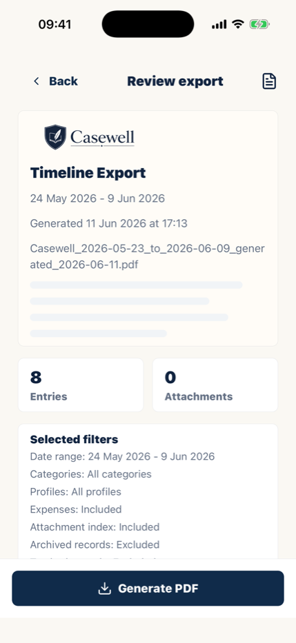 Casewell PDF export screen for organized co-parenting reports