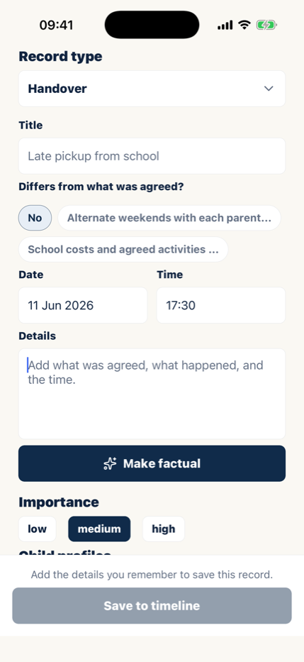 Casewell record screen for writing factual custody journal notes