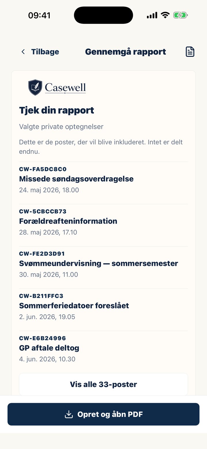 Casewells skærm Gennemgå rapport, før PDF-filen oprettes