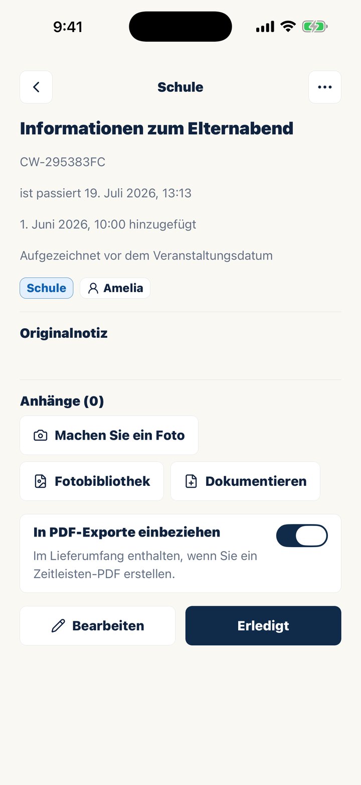 Casewell-Chronologie mit datierten Einträgen