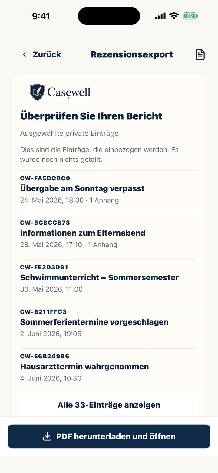Casewell-Bildschirm „Bericht prüfen“ vor dem Erstellen des PDFs