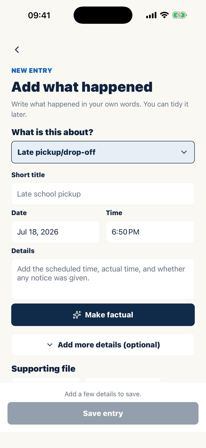 Casewell's Add what happened screen with Make factual