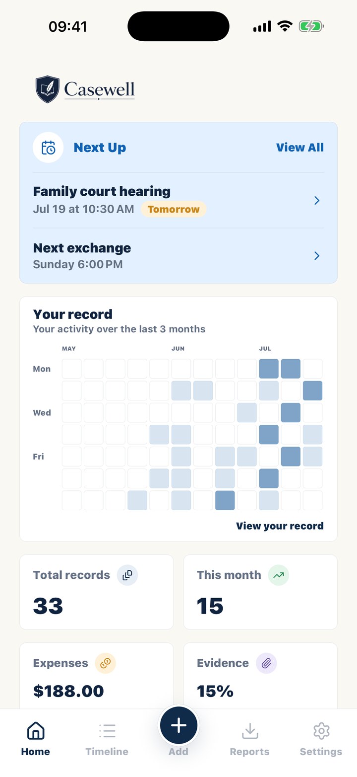 Casewell home screen with record totals, the next exchange and recent activity