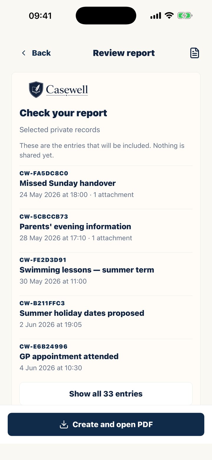 Casewell's Review report screen before creating a PDF