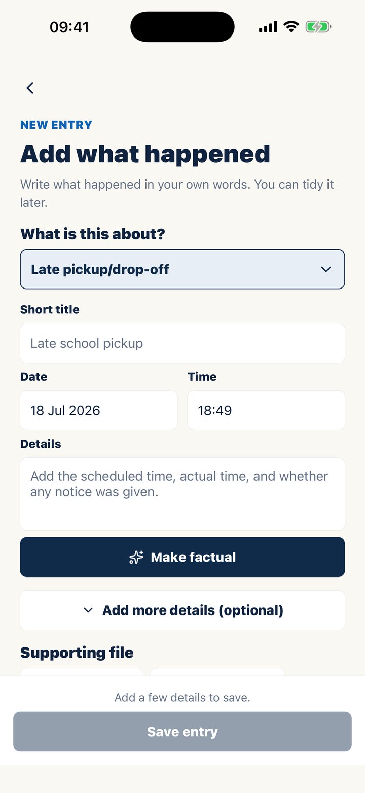 Casewell's Add what happened screen with Make factual