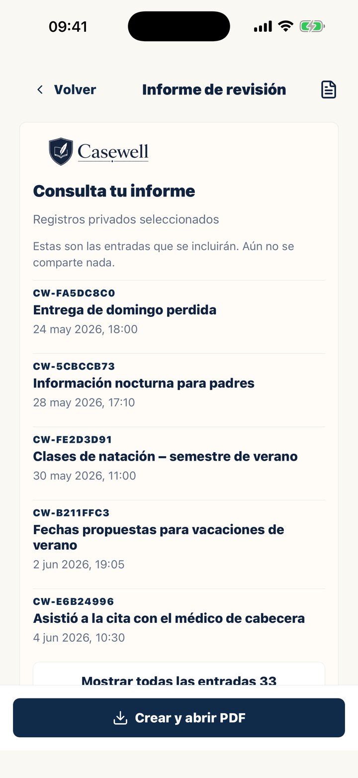 Pantalla de Casewell para revisar el informe antes de crear el PDF