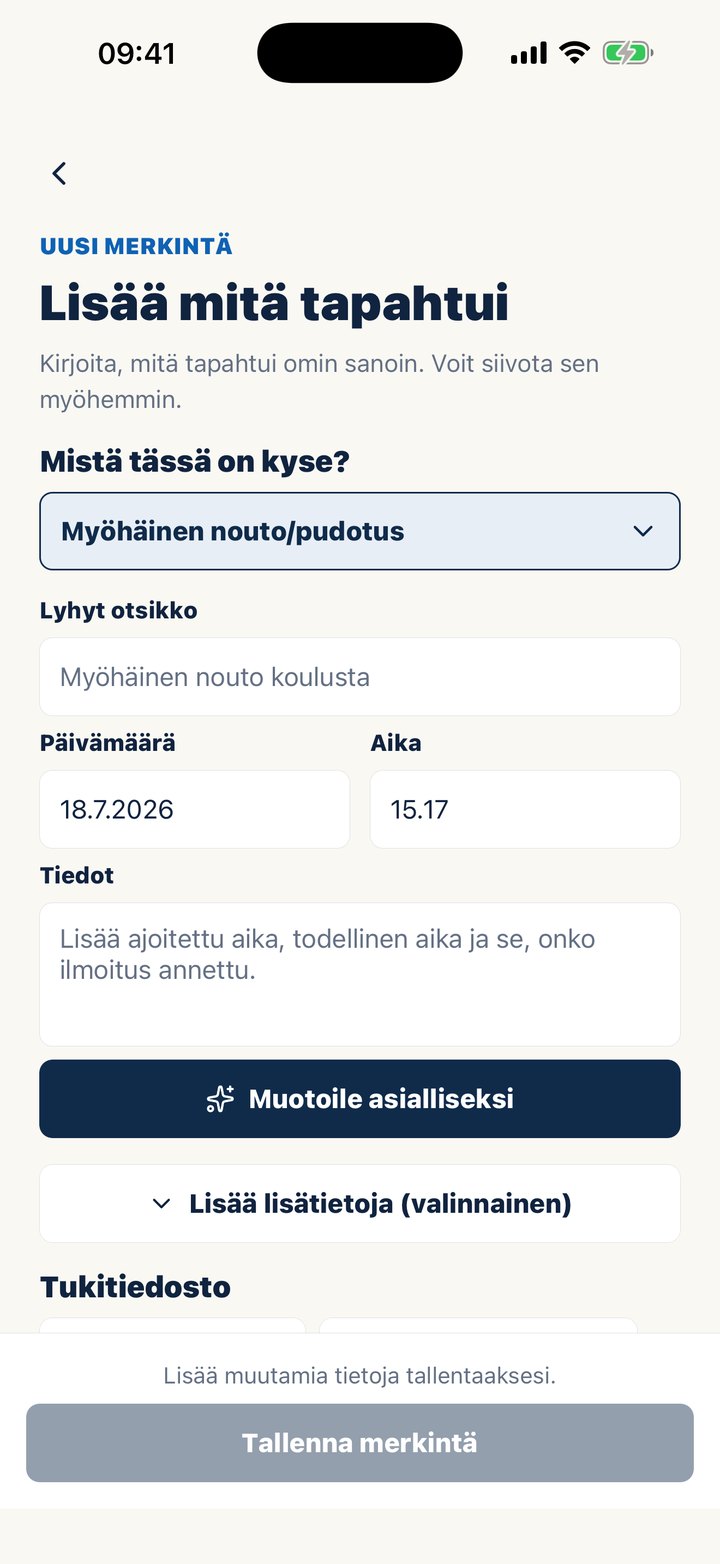 Casewellin näkymä uuden merkinnän kirjaamiseen ja Muotoile asialliseksi -painike