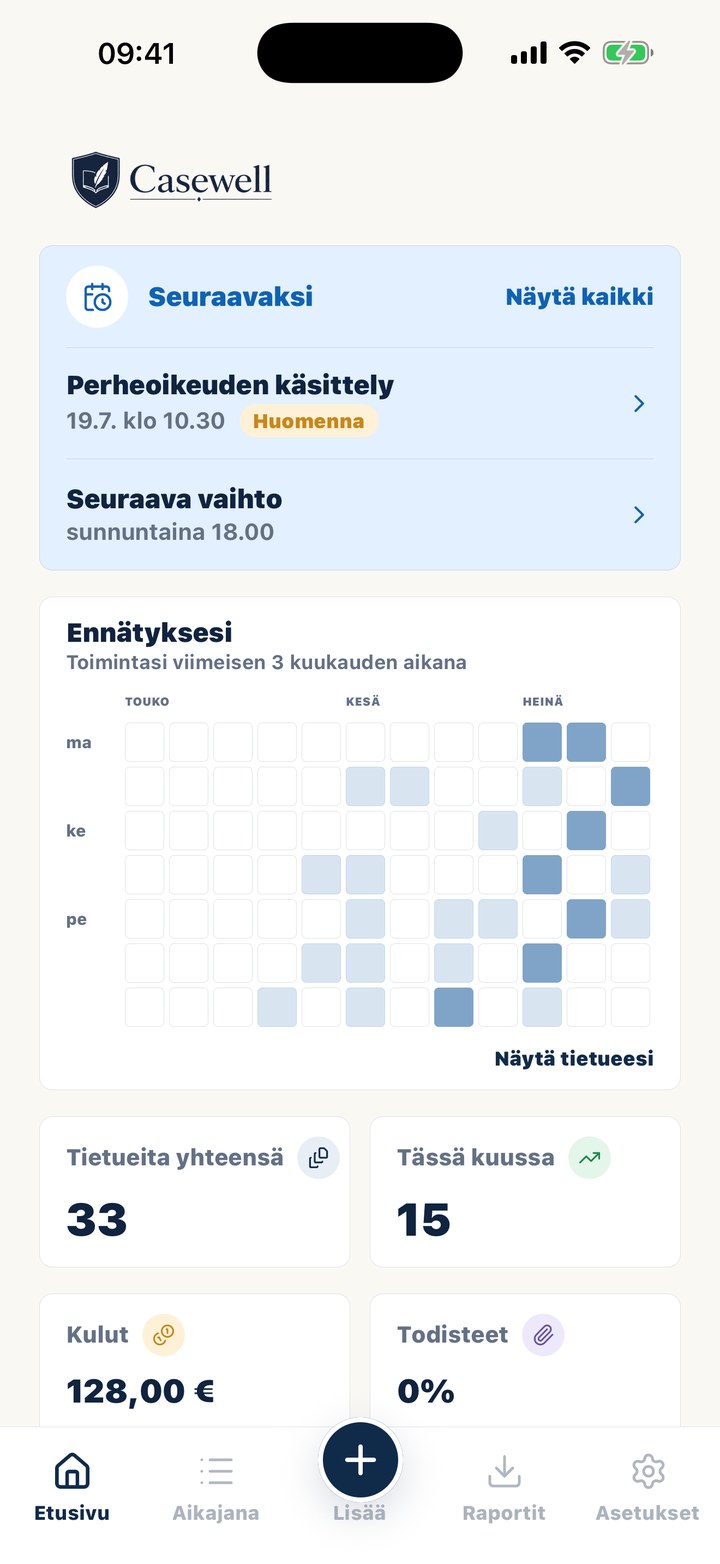 Casewellin aloitusnäyttö, jossa yhteenvedot, seuraava vaihto ja viimeisin toiminta