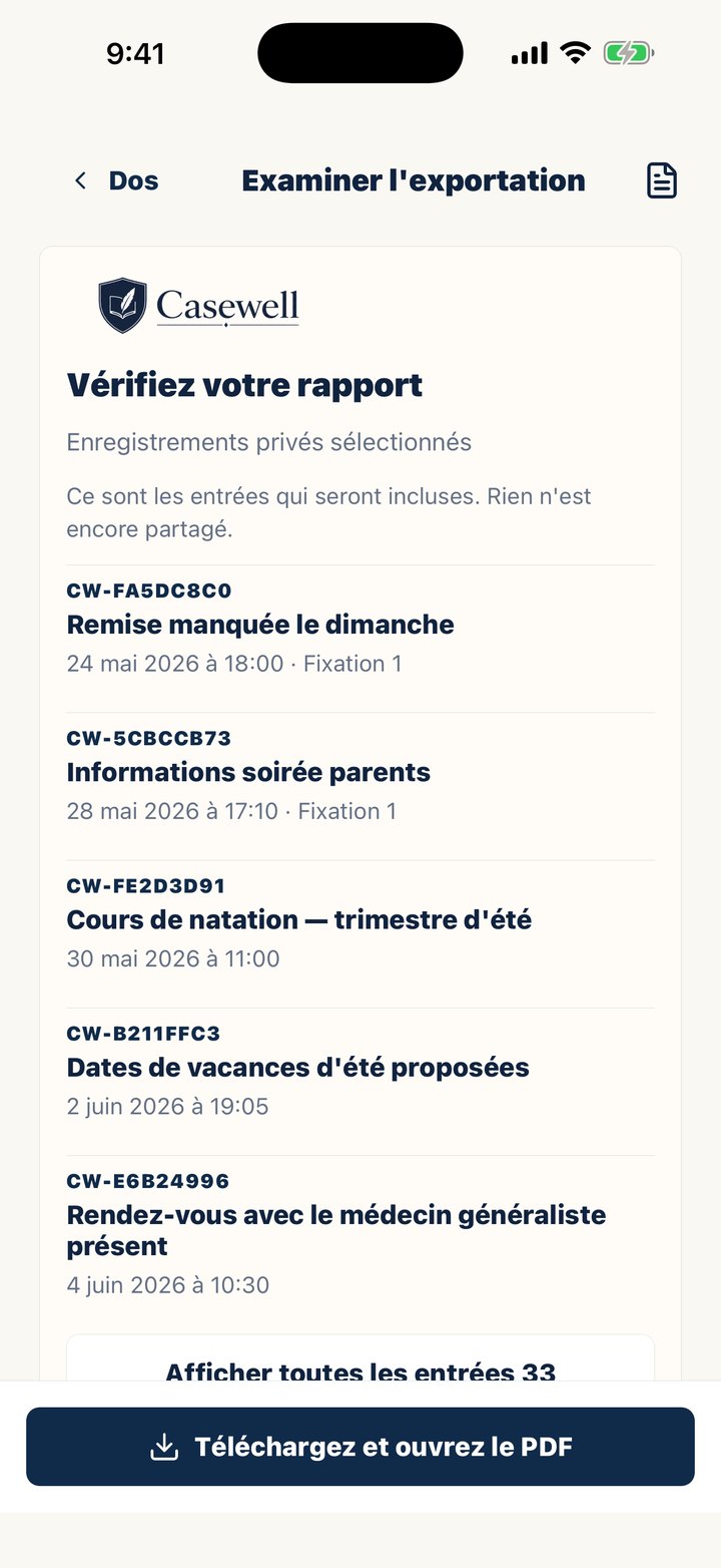 Écran de vérification du rapport dans Casewell, avant la création du PDF