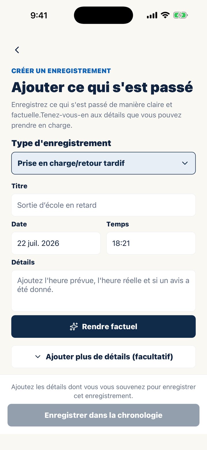 Écran d’ajout d’une entrée dans Casewell, avec le bouton Rendre factuel