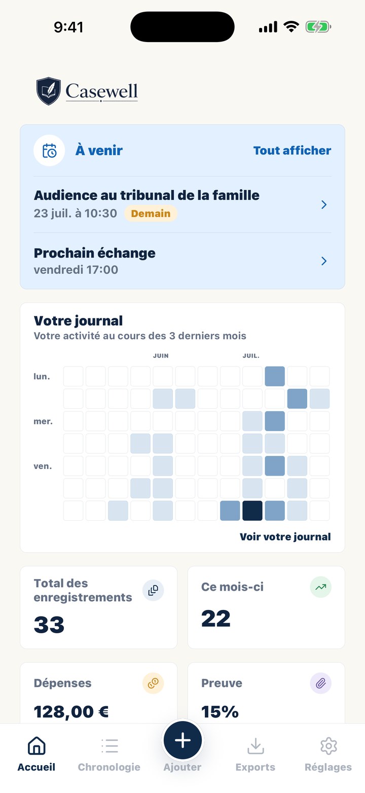 Écran d’accueil de Casewell avec les totaux, la prochaine remise et l’activité récente