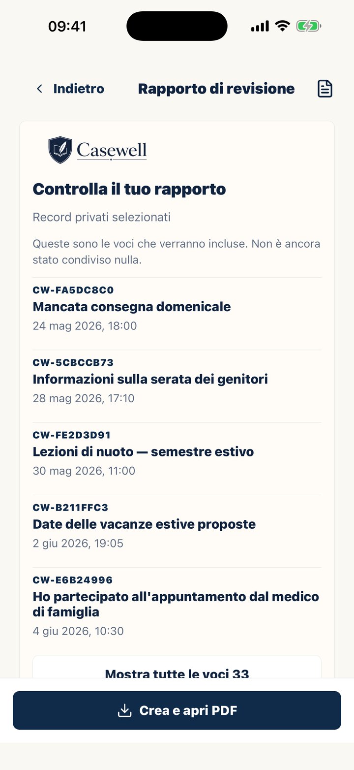 Schermata di Casewell per rivedere il report prima di creare il PDF