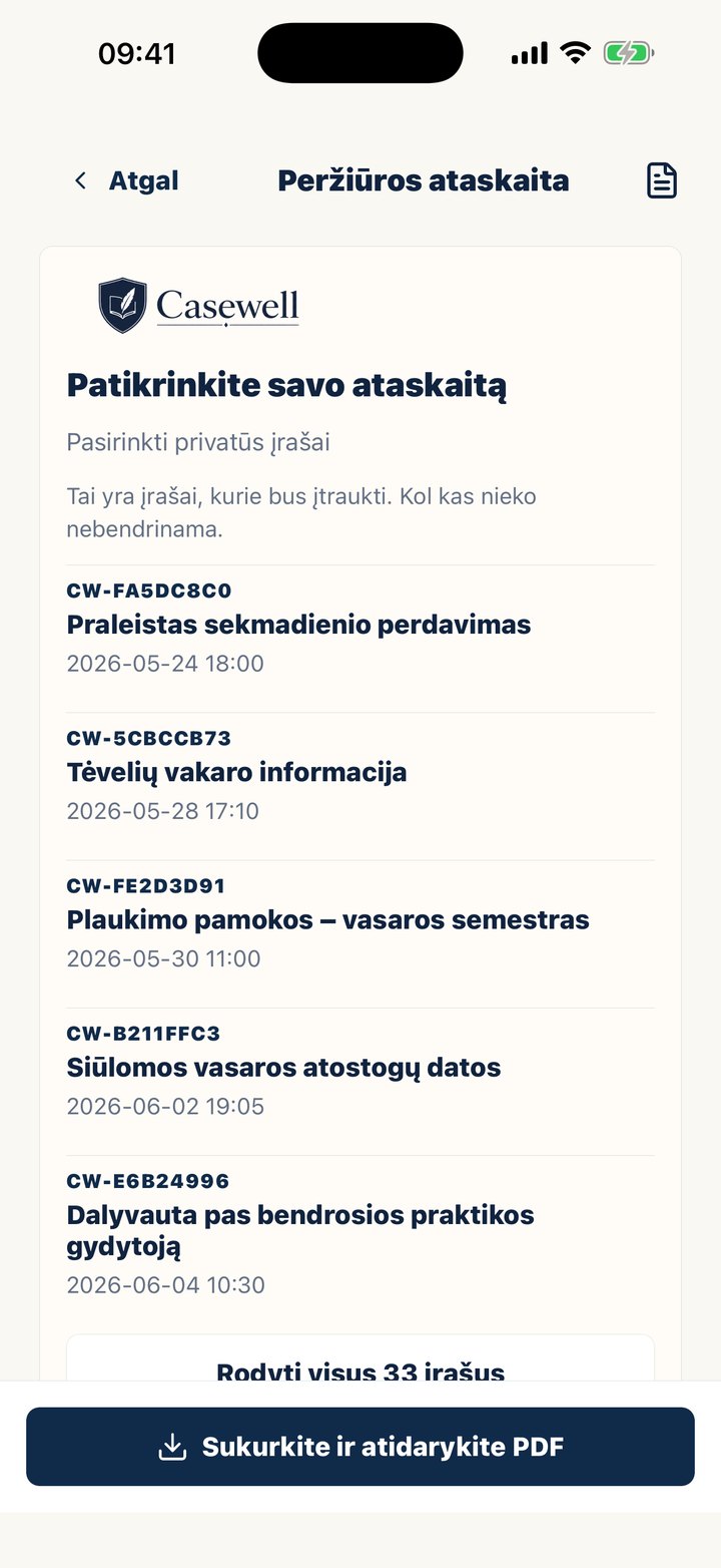 Casewell ataskaitos peržiūros ekranas prieš kuriant PDF