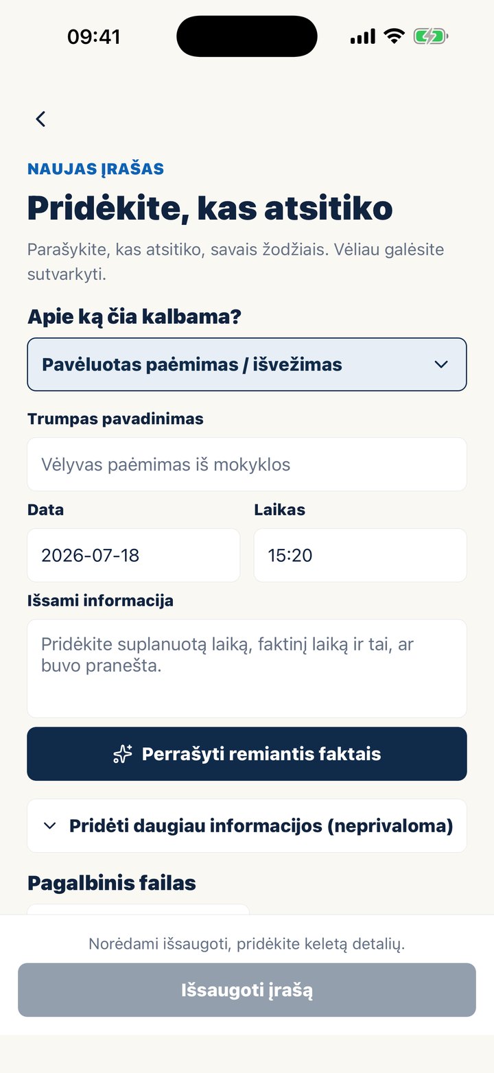 Casewell naujo įrašo ekranas su faktinio perrašymo mygtuku