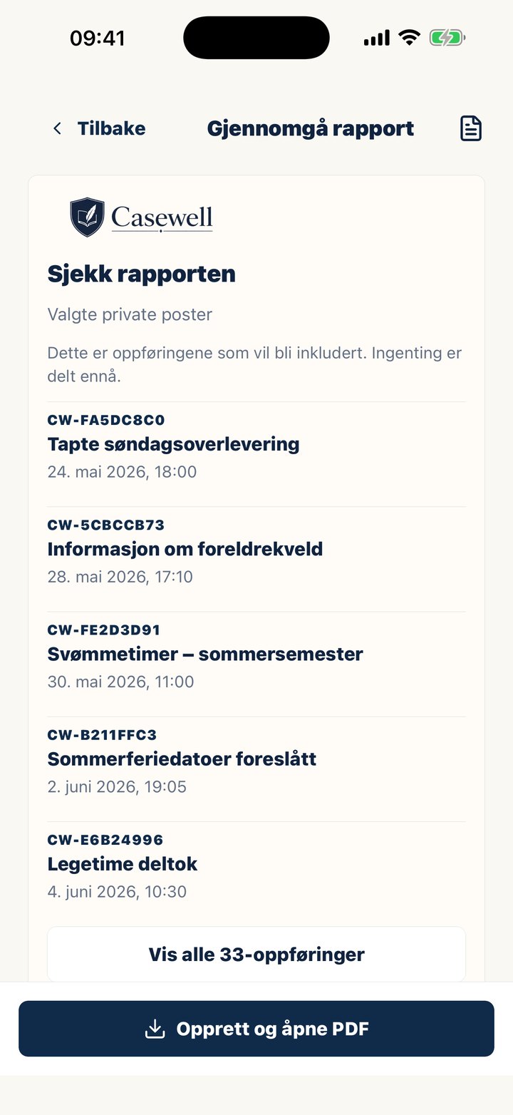 Casewells skjerm Gjennomgå rapport, før PDF-en lages