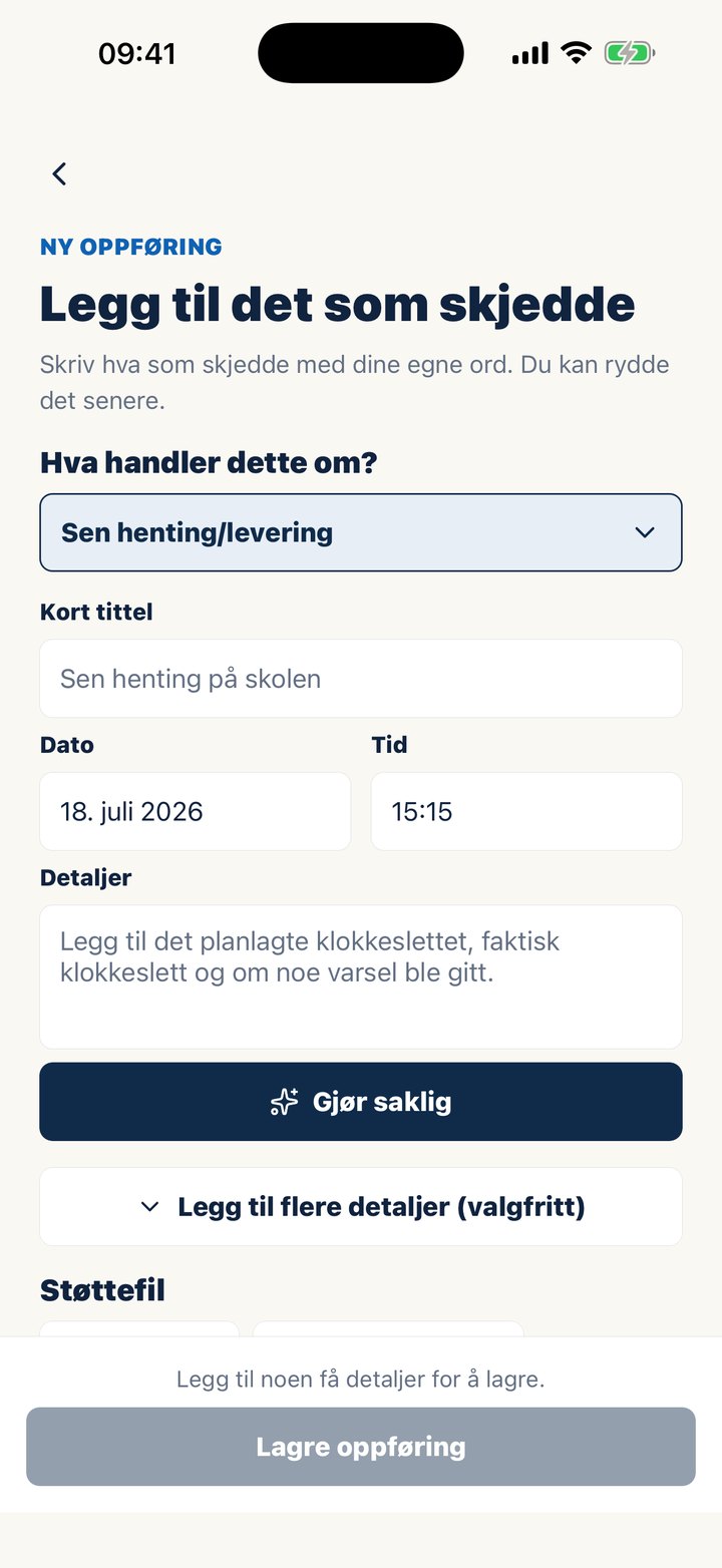 Casewells skjerm for et nytt notat, med knappen Gjør saklig