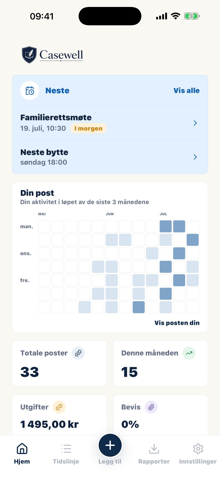 Casewells startskjerm med oversikt, neste overlevering og siste aktivitet