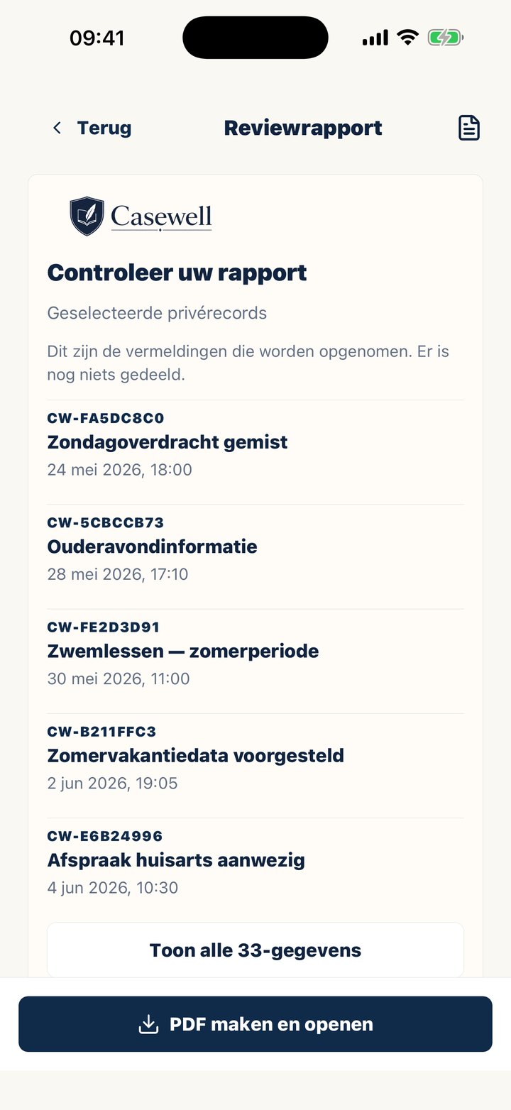 Casewell-scherm ‘Rapport nakijken’ voordat je een PDF maakt