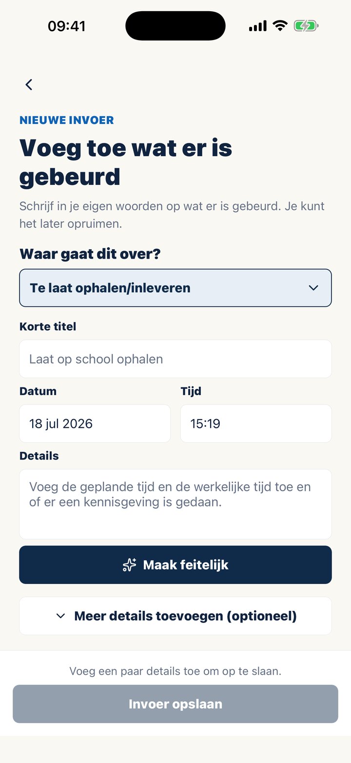 Casewell-scherm ‘Wat is er gebeurd?’ met ‘Maak feitelijk’