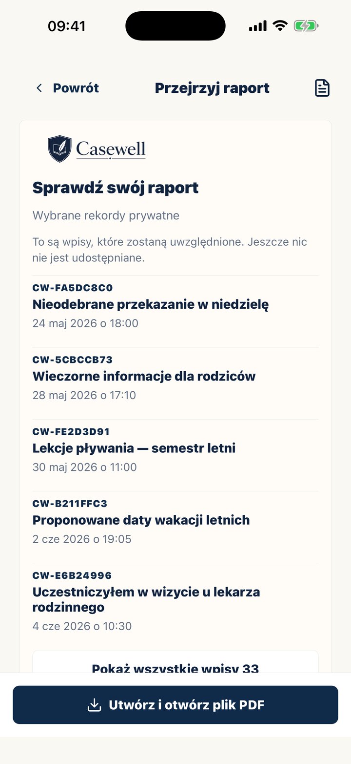 Ekran sprawdzania raportu w Casewell przed utworzeniem PDF