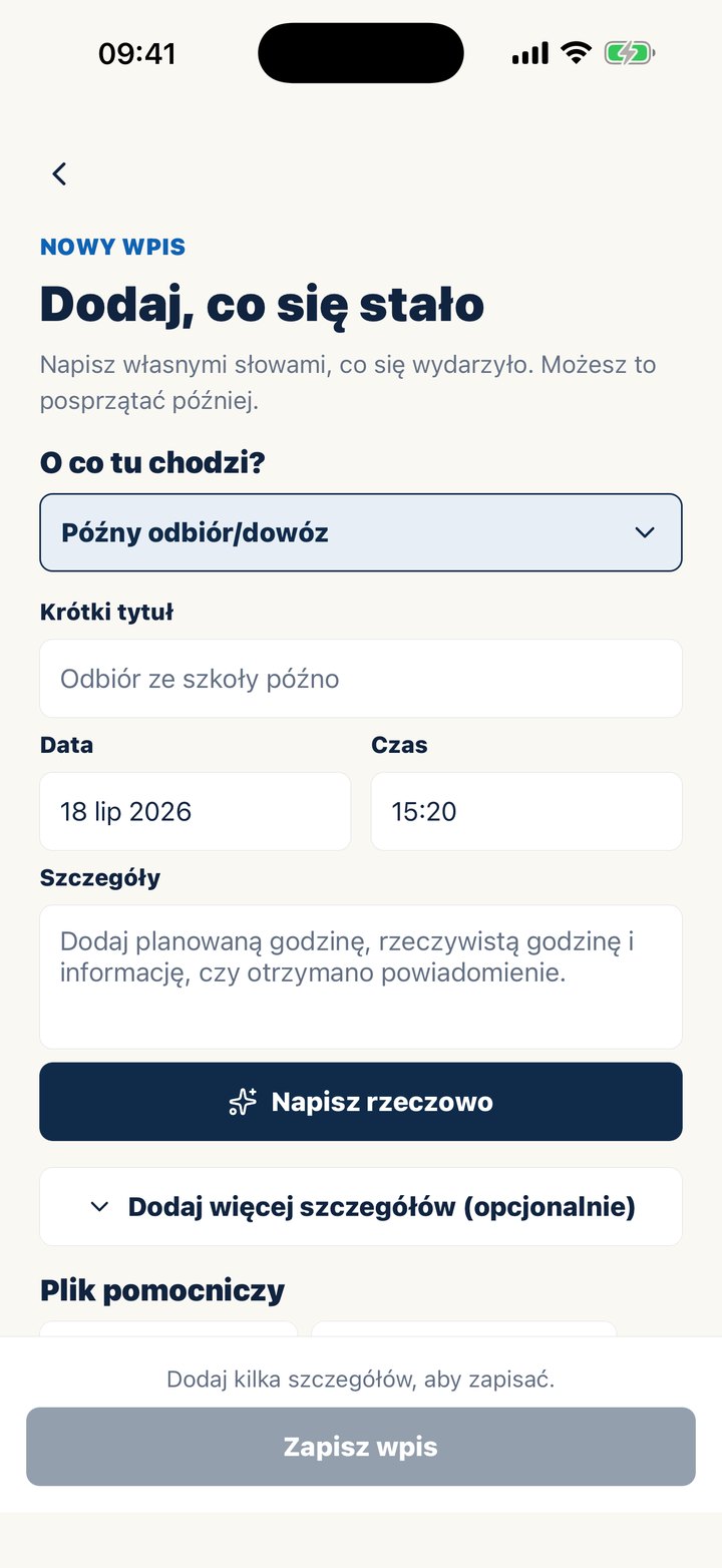 Ekran nowego wpisu w Casewell z przyciskiem „Napisz rzeczowo”