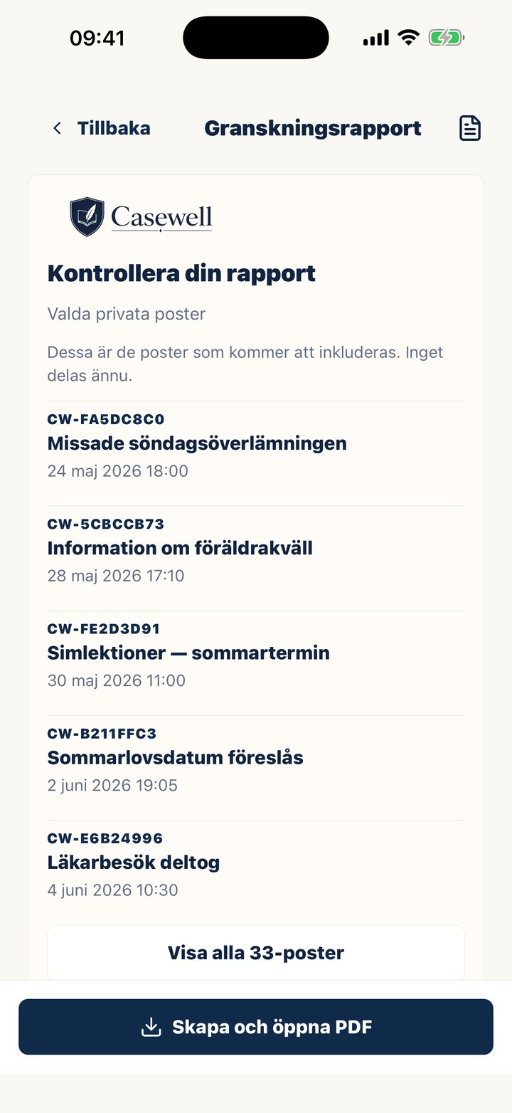 Casewells skärm Granska rapport, innan PDF-filen skapas