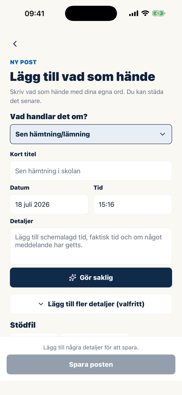 Casewells skärm för en ny anteckning, med knappen Gör saklig