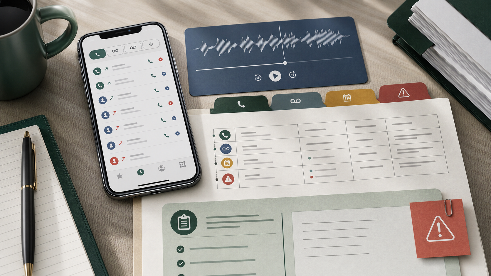 Phone call history, voicemail waveform and call log table arranged for custody evidence review