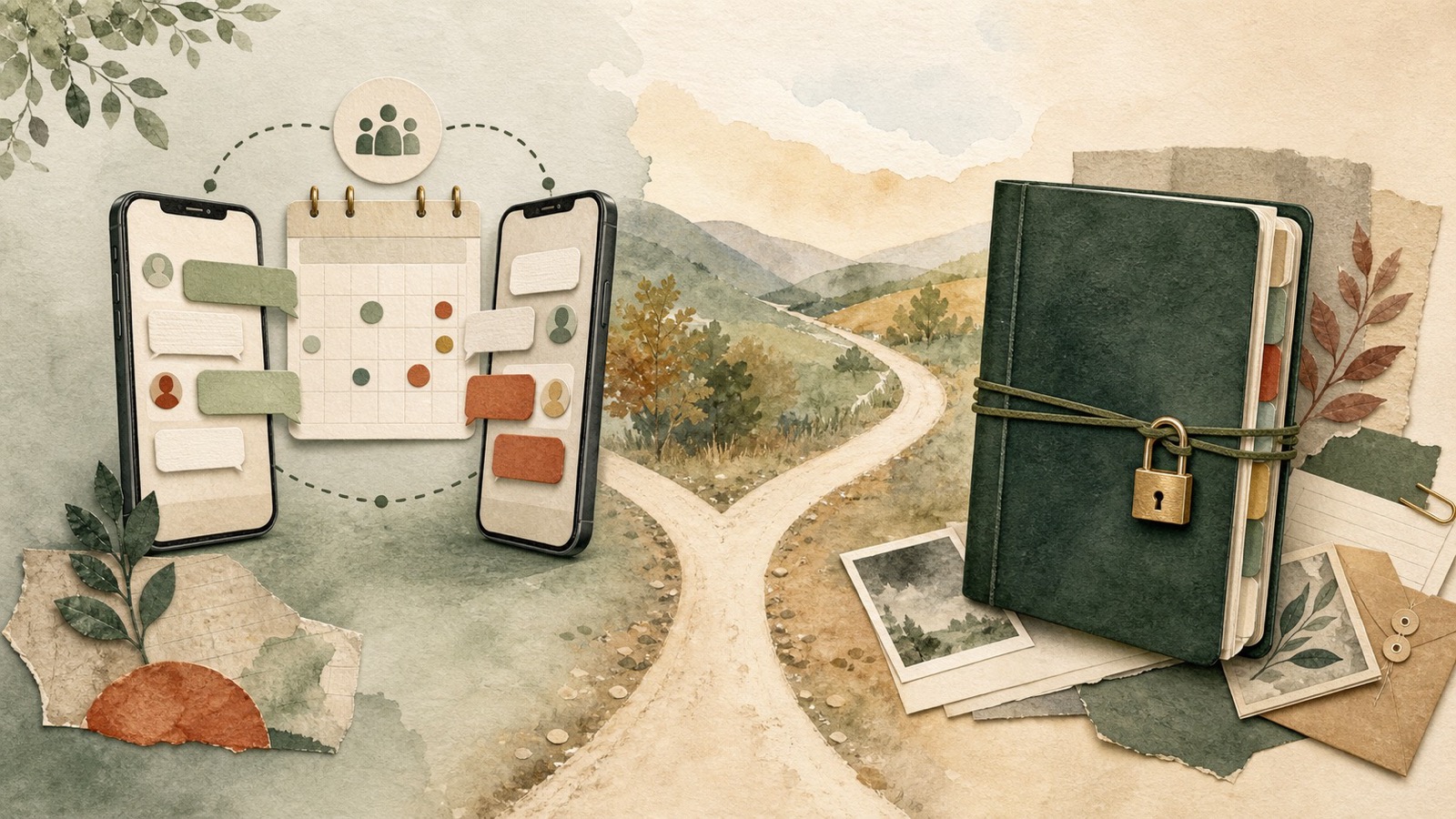 Illustration of two paths: shared phones and calendar on one side, private locked journal on the other
