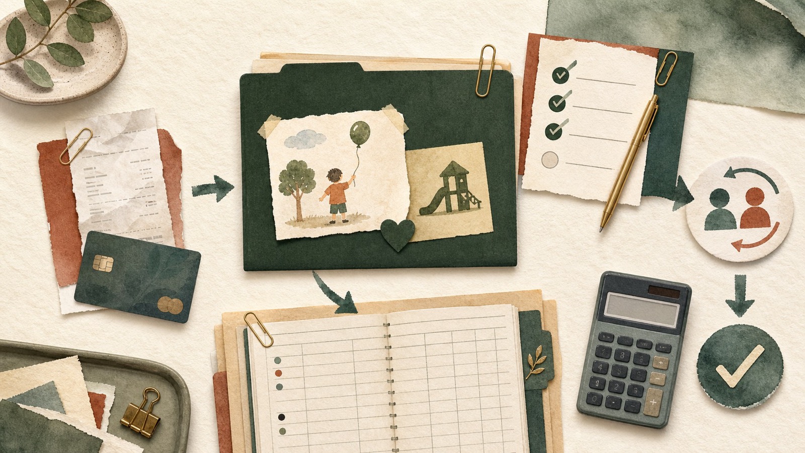 A payment record, calendar and receipt organized into a simple child support timeline