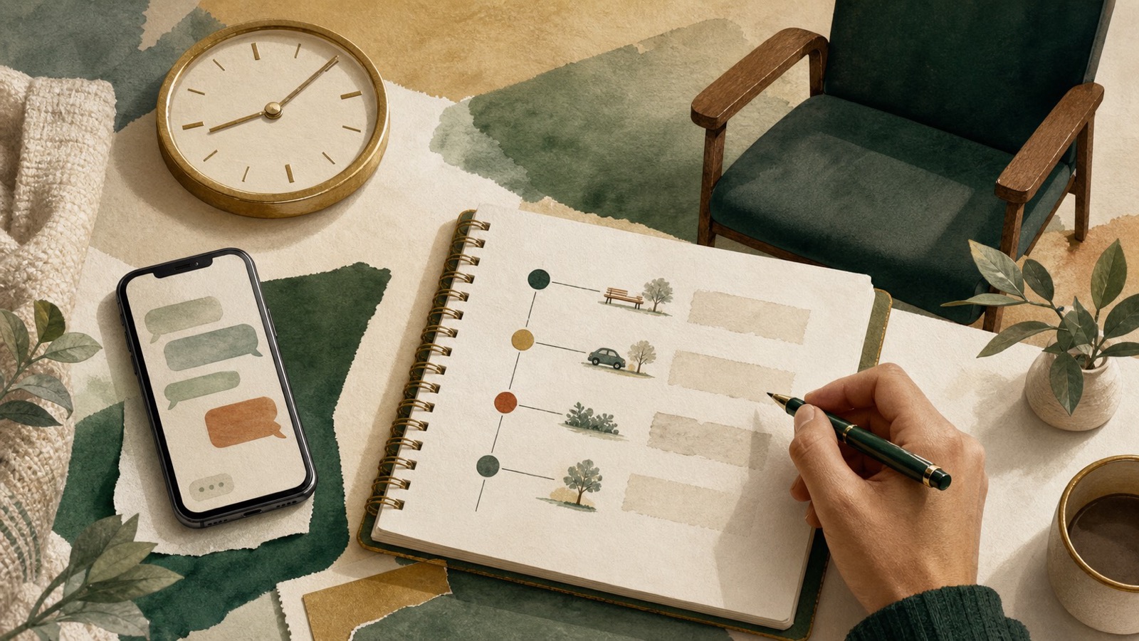 Illustration of an exchange location, clock, phone and dated notebook arranged as a factual timeline