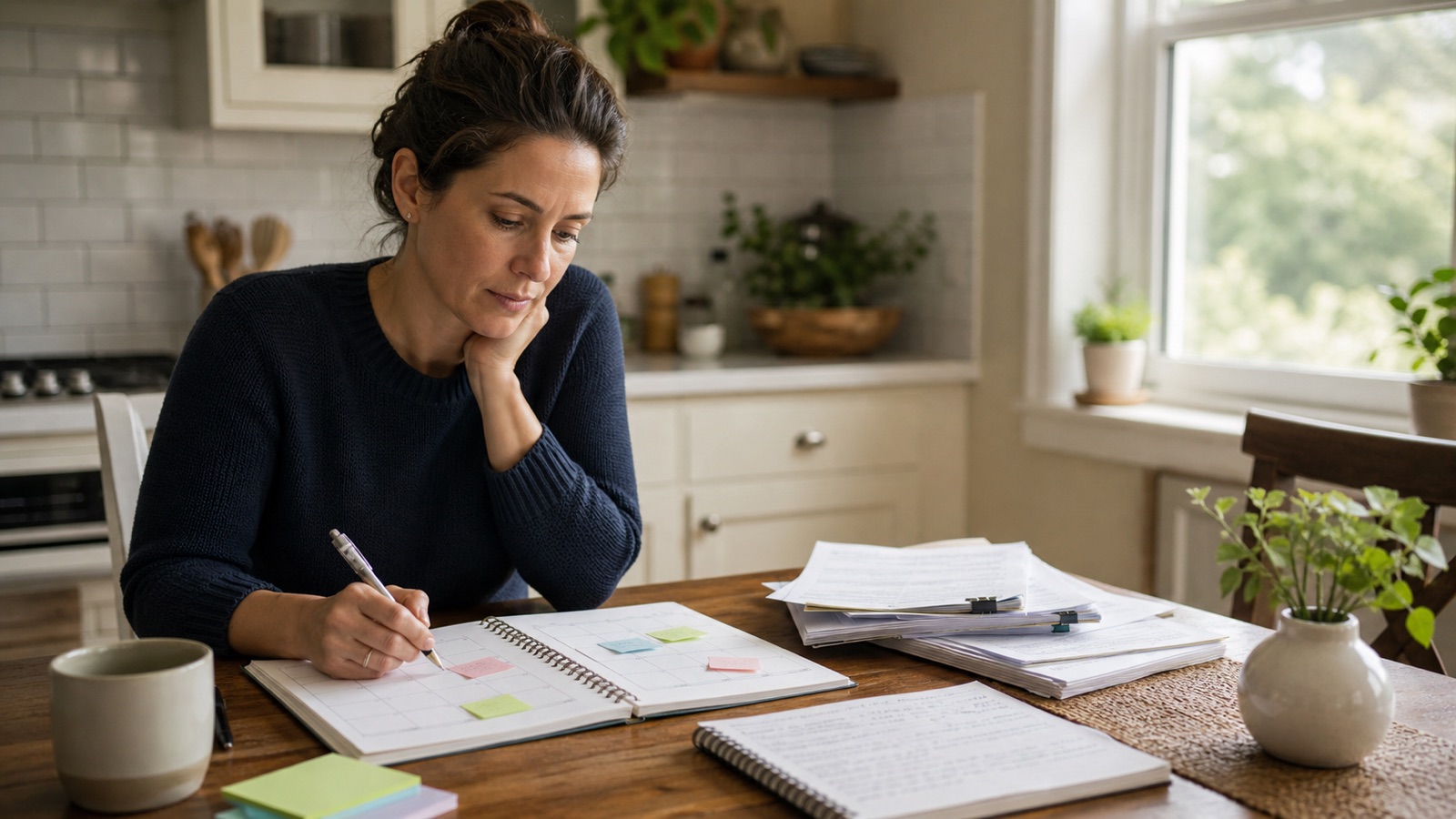 Mother organizing a parenting calendar, factual custody notes, and supporting records at a kitchen table