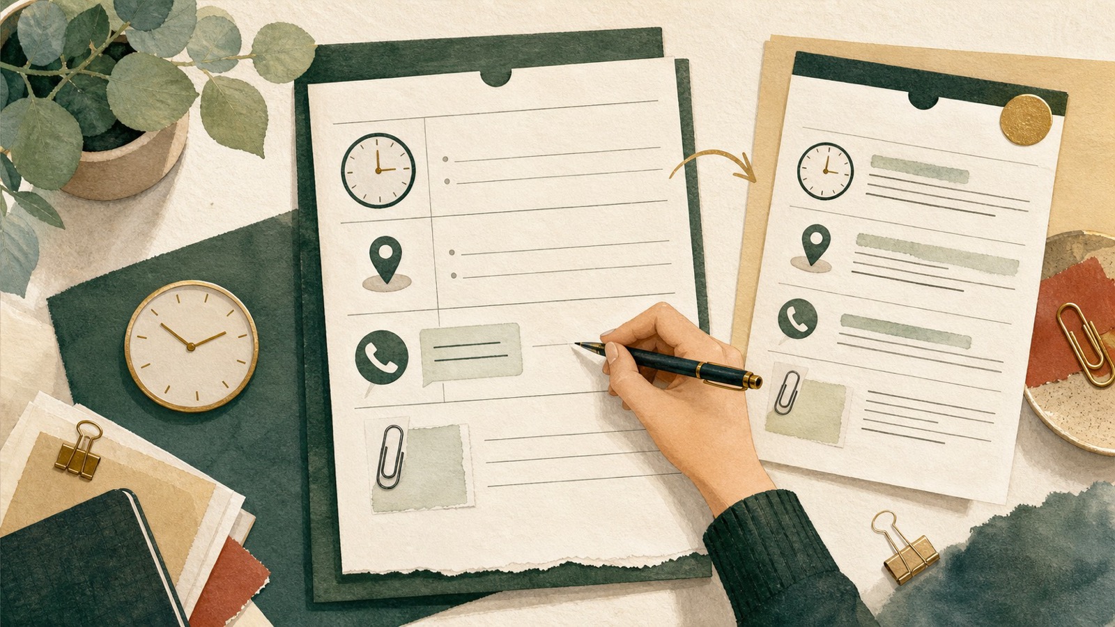 Illustration of a blank handover form beside a clock, phone, paperclip and completed factual note