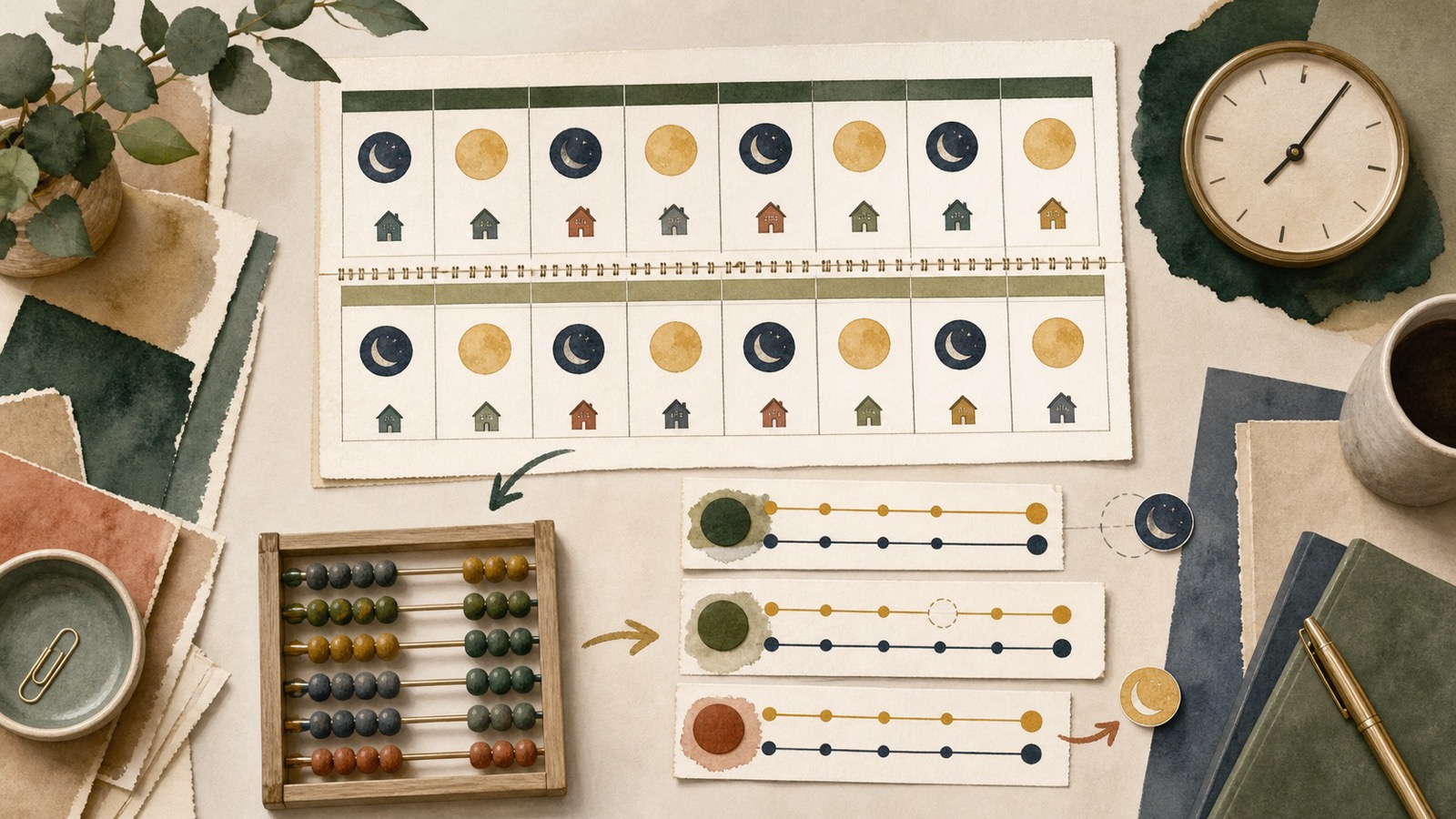 Illustration of a two-week calendar, overnight markers, abacus and planned-versus-actual timeline