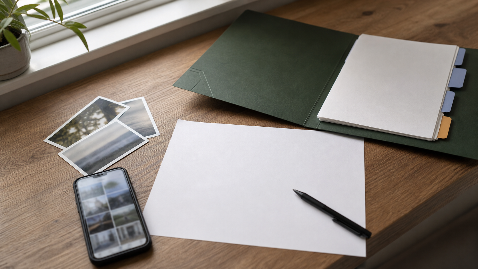Photo prints, phone gallery and blank evidence index arranged for custody evidence review