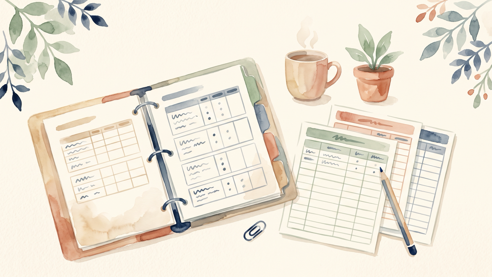 Ring binder with labelled dividers beside printed parenting-time, communication and expense log sheets
