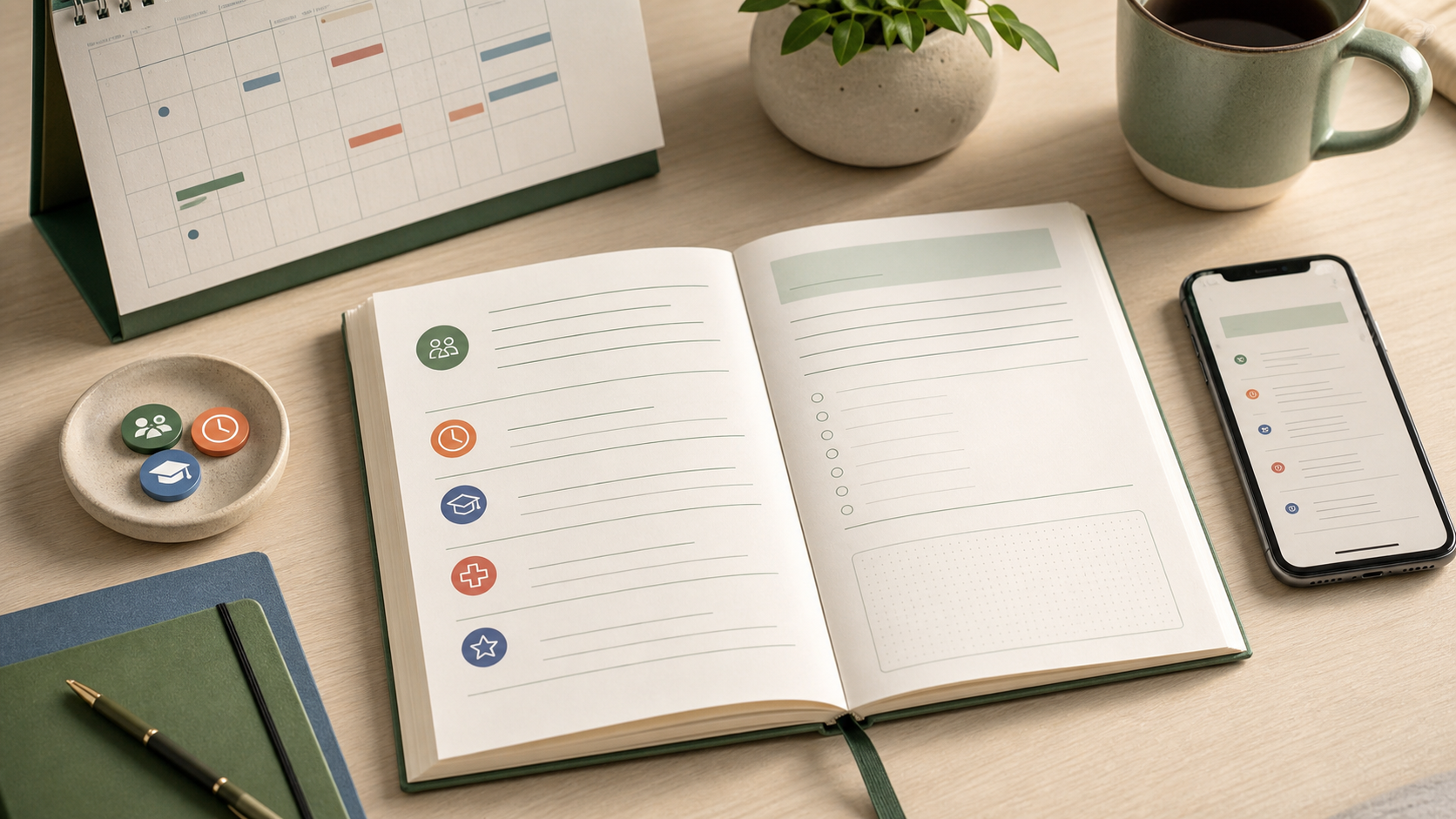 Vorlage für tägliches Elternjournal mit Kalender, Telefonnotizen und geordneten Kategorien
